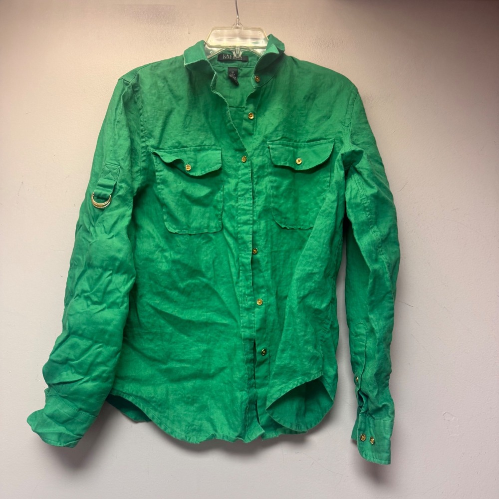 Lauren Ralph Lauren Linen Shirt Womens M Green Excellent Roll Tab Button Down